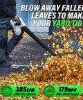 Person using 3 In 1 Cordless Leaf Blower Vacuum Mulcher With Brushless Motor 385 CFM And Five Speed Control Includes 45L Bag Plus Two 20V 4Ah Battery And Charger For Lawn Care, blowing leaves on driveway.