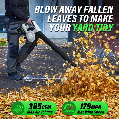 Person using 3 In 1 Cordless Leaf Blower Vacuum Mulcher With Brushless Motor 385 CFM And Five Speed Control Includes 45L Bag Plus Two 20V 4Ah Battery And Charger For Lawn Care, blowing leaves on driveway.