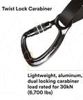 Twist lock carabiner attached to a black strap, aluminum design, load rated for 30kN; close-up view of locking mechanism.