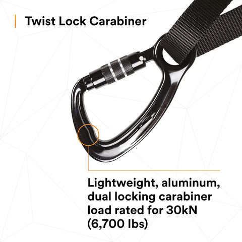 Twist lock carabiner attached to a black strap, aluminum design, load rated for 30kN; close-up view of locking mechanism.