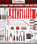 132 Piece Car Tool Kit With Drawer Portable Auto Repair Set including wrenches, pliers, and hooks on white background