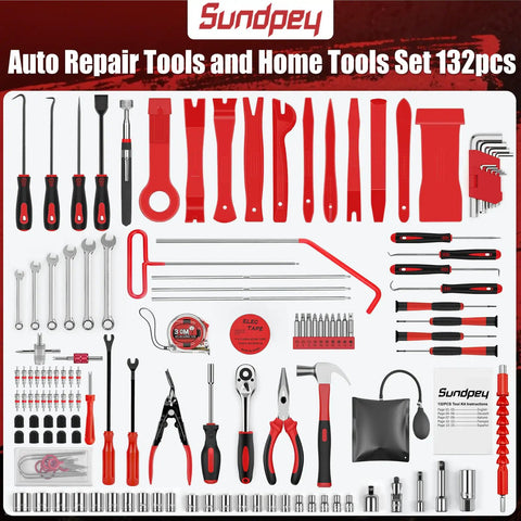 132 Piece Car Tool Kit With Drawer Portable Auto Repair Set including wrenches, pliers, and hooks on white background