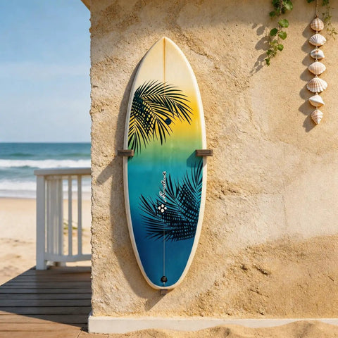 Ripper Ready Wood Surfboard Wall Mount Rack With Rotating Arms Vertical Storage Stand For Shortboards Longboards And Wakeboards mounted on wall.