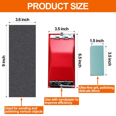 Product sizes showing red sanding block and sandpaper for Wet And Dry Sandpaper Set With 42 Sheets From 120 To 3000 Grit Includes Sanding Block