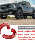 Red tow hook covers for Ford F150 2004-2024 and Toyota Tundra 2017-2021 with truck in background.