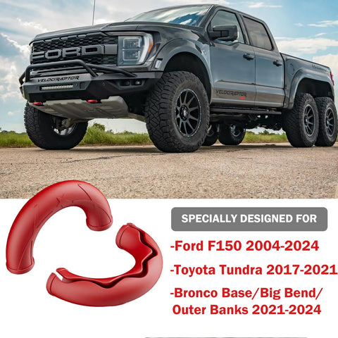Red tow hook covers for Ford F150 2004-2024 and Toyota Tundra 2017-2021 with truck in background.