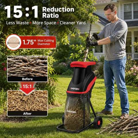 Powerful 15 Amp Electric Wood Chipper Shredder With 4200 RPM in use by man in garden, showcasing 1.75 inch branch capacity.