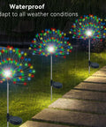 Outdoor Solar Firework Lights 120 LED 2 Pack Waterproof Garden Decor Multicolor Colorful Pathway And Flowerbed Lighting For Your Yard Parties Christmas And Holiday Decor lighting up a garden path at night in rain.