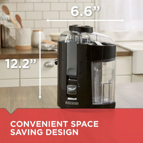 Compact Vertical Juicer For Fruits And Vegetables With Powerful 400 Watt Motor Stainless Steel Cutter And Strainer Dishwasher Safe, space-saving design shown on kitchen counter