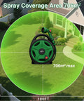Retractable 50 Ft Garden Hose Reel With Half Inch Hose And 10 Pattern Nozzle on lawn showing 706m² spray area coverage