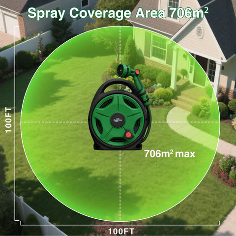 Retractable 50 Ft Garden Hose Reel With Half Inch Hose And 10 Pattern Nozzle on lawn showing 706m² spray area coverage
