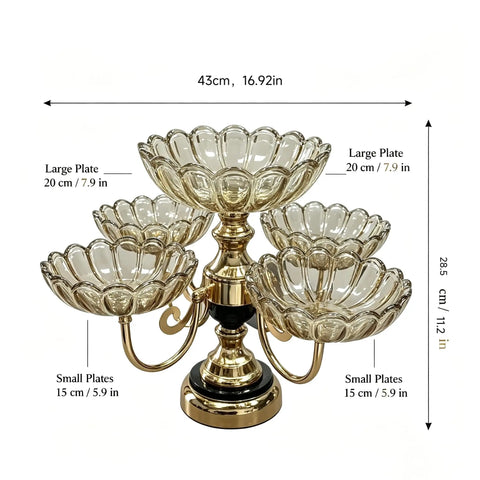 Smooth Spin Five Plate Amber Glass Serving Stand With Four Swivel Bowls And One Center Platter Gold Plated Bracket Black Crystal Details Quick Party Prep Head Turning Dessert Tray Decor with dimensions 43cm width, 28.5cm height