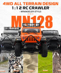 Three 1/12 Scale RC Crawler MN128 4x4 Off Road Jeep Trucks in mountain, gravel, sand, grass, and mud terrain.