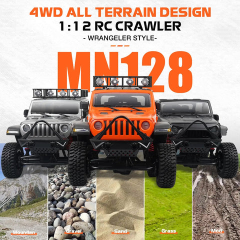 Three 1/12 Scale RC Crawler MN128 4x4 Off Road Jeep Trucks in mountain, gravel, sand, grass, and mud terrain.