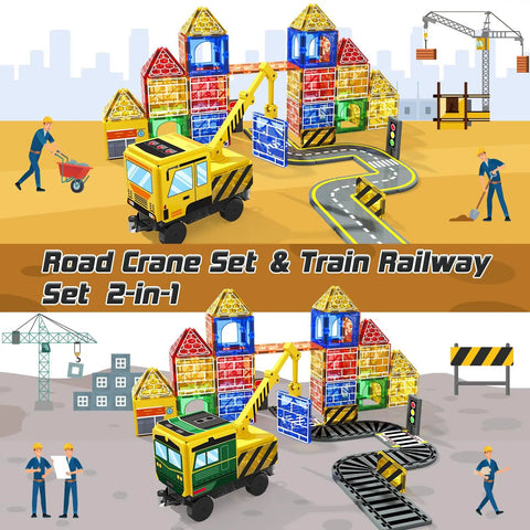 Magnetic Tiles Construction Set With Two Cranes STEM Building Blocks for Ages 3-7 Kid Friendly Rail Yard Rescue Scene
