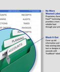 Top Shelf File Folder Labels Featuring Trueblock Coverage And Relentless Permanent Adhesive Engineered For Laser And Inkjet Printers Bulk White Sheets showing labels applied on green file folders.