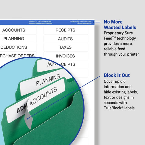 Top Shelf File Folder Labels Featuring Trueblock Coverage And Relentless Permanent Adhesive Engineered For Laser And Inkjet Printers Bulk White Sheets showing labels applied on green file folders.