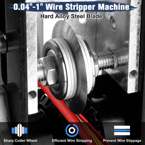 Close-up of Manual Wire Stripper Machine for 0.04-1 inch wires with hard alloy steel blade and red wire detail.