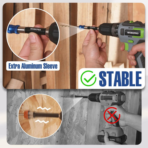 Drill Bit Extension Set Four Piece Magnetic Bit Holder with aluminum sleeve in use, emphasizing stability.