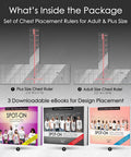 Set of chest placement rulers for adults and plus size with books, featuring Left Chest Logo Placement Tool For T Shirts, Vinyl Alignment Ruler For HTV And Embroidery, Shirt Ruler With Quick Chest Positioning, Heat Press Alignment Guide, 2 Adult Sizes, Easy, Precise Logo Placement For Apparel.