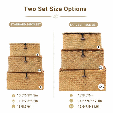 Real Deal Natural Seagrass Wicker Storage Baskets Set Of Three Hand Woven Shelf Organizers With Secure Lids For Closet Living Room Organization Eco Friendly Home Decor