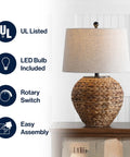 Natural Water Hyacinth Farmhouse Basket Table Lamp 24.5 Inch with Light Gray Linen Shade on Wood Table