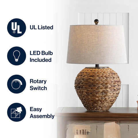 Natural Water Hyacinth Farmhouse Basket Table Lamp 24.5 Inch with Light Gray Linen Shade on Wood Table