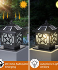 Outdoor Solar Post Light With Glass Lampshade Waterproof Pillar Lamp For Fence And Gate, daytime charging and nighttime lighting