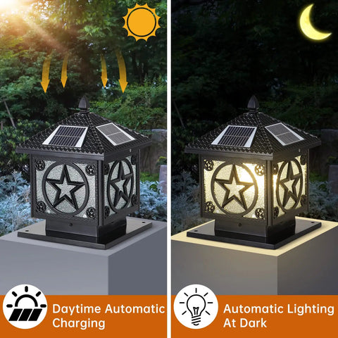 Outdoor Solar Post Light With Glass Lampshade Waterproof Pillar Lamp For Fence And Gate, daytime charging and nighttime lighting