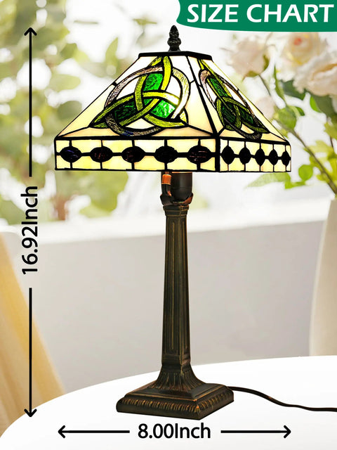 Irish Tiffany Style Table Lamp With Stained Glass Shade, Bronze Metal Base, E26 Bulb Holder, UL Listed, on table, close-up