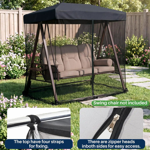 Mosquito Net Cover For 3 Seater Patio Swing With Waterproof Top, Zipper Door, And Fixing Straps, Black Bug Mesh Screen