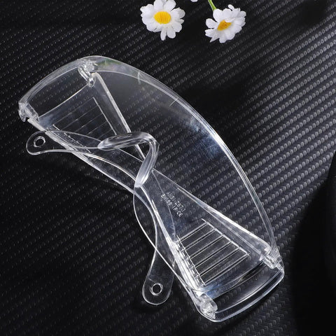 Six Pair Safety Glasses With Ventilated Louvered Frames And Wraparound Side Shields For Lab Projects And Shop Work Impact Resistive Clear Lenses on black background.