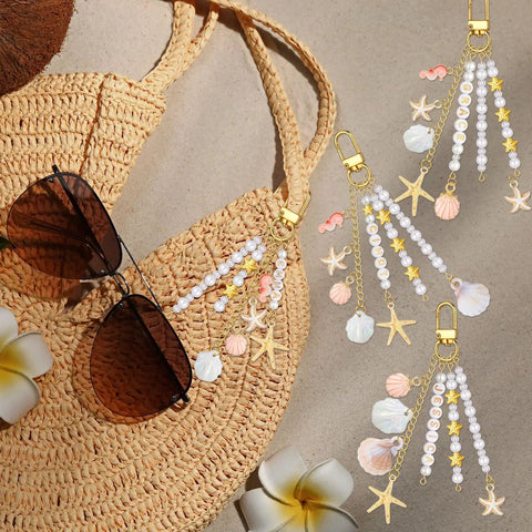 Seashell Keychain Making Kit With 776 Pieces Including Alphabet Beads, White Pearls, Clear Spacer Beads, And 60 Pendants Like Pink Shells, Seahorses, Starfish, And Leaves For Diy Backpacks, Purses, Tote Bags, And Fun Craft Projects on woven bag