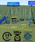 700 Lbs Galvanized Metal Swing Set For Kids With Teeter Totter Saucer Swing Standing Swing 5 Foot Wavy Slide Outdoor Backyard Playset With Bonus Anchor Kit, showing dimensions and safety standards in a grassy backyard.