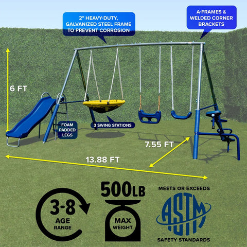 700 Lbs Galvanized Metal Swing Set For Kids With Teeter Totter Saucer Swing Standing Swing 5 Foot Wavy Slide Outdoor Backyard Playset With Bonus Anchor Kit, showing dimensions and safety standards in a grassy backyard.