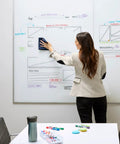 Woman using the Killer Dry Erase Whiteboard Cleaning Spray on a whiteboard to remove ink marks.