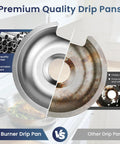 Chrome Stove Drip Pan Set With Burner Rings for GE and Hotpoint Stoves shown with premium and poor quality comparison.