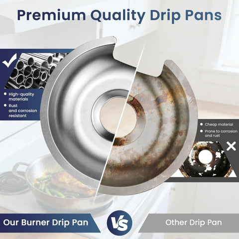 Chrome Stove Drip Pan Set With Burner Rings for GE and Hotpoint Stoves shown with premium and poor quality comparison.