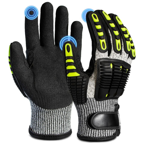 Heavy Duty Work Gloves For Men With ANSI Cut Level A5 Protection, TPR Knuckle Guards And Shock Absorption, Nitrile Coated Palm