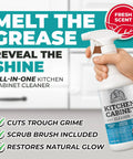 Kitchen Cabinet Cleaner Kit With Brush Knock Out Stubborn Grease And Grime On Wood And Painted Furniture Gentle Residue Free Degreaser Spray No Fuss Cleanup And Leaves Squeaky Clean Shine, 32 oz spray bottle in hand.