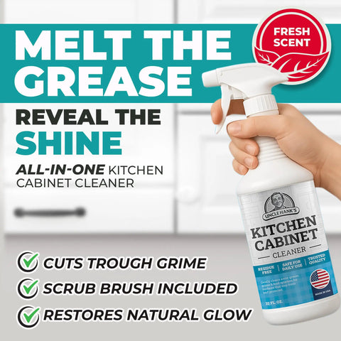 Kitchen Cabinet Cleaner Kit With Brush Knock Out Stubborn Grease And Grime On Wood And Painted Furniture Gentle Residue Free Degreaser Spray No Fuss Cleanup And Leaves Squeaky Clean Shine, 32 oz spray bottle in hand.