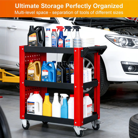 Heavy Duty 3 Tier Rolling Tool Cart Built Tough As Nails For Mechanics And Garage Shops Rock Solid Alloy Steel Frame With 1000 Lb Max Load Capacity Red Black