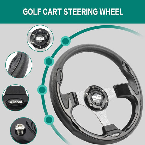 Heavy Duty Golf Cart Steering Wheel With Slick Non Slip Grip Fits Club Car EZGO And Yamaha Models showing sleek black PVC design.