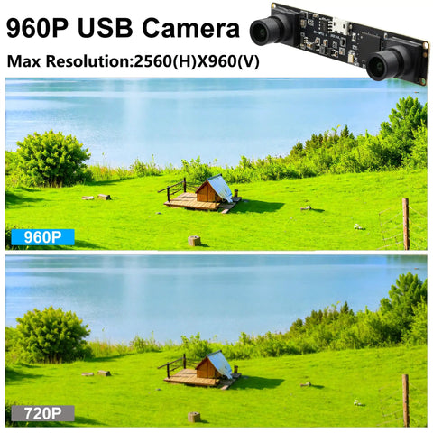 Comparison image showing a lake view captured by a Dope Dual Lens Stereo USB Webcam Module, 1.3MP 960P HD Video, 3D VR Ready, OV9715 Sensor at 960P and 720P resolutions.