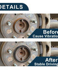 Four Pack Black Polycarbonate Wheel Hub Centric Rings Od 106.1 Mm To Id 95.1 Mm shown before and after installation, reducing vibration.