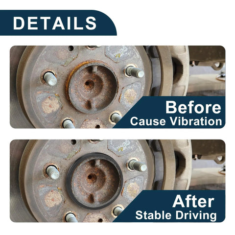 Four Pack Black Polycarbonate Wheel Hub Centric Rings Od 106.1 Mm To Id 95.1 Mm shown before and after installation, reducing vibration.