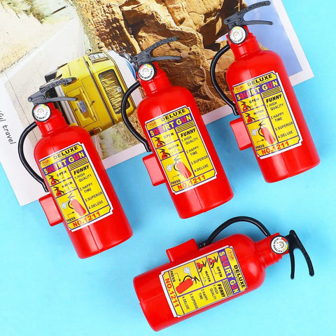 Twelve Piece Haul Of Realistic Mini Fire Extinguisher Water Squirt Guns For Kids Summer Pool Parties and Beach Bash Favors on blue background.
