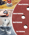 210 Piece 5 Inch 8 Hole Sanding Discs Set For Random Orbital Sander shown polishing wood, metal, wall, and car surfaces.