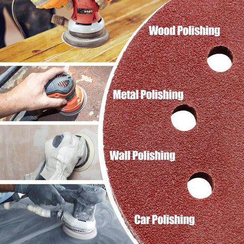210 Piece 5 Inch 8 Hole Sanding Discs Set For Random Orbital Sander shown polishing wood, metal, wall, and car surfaces.