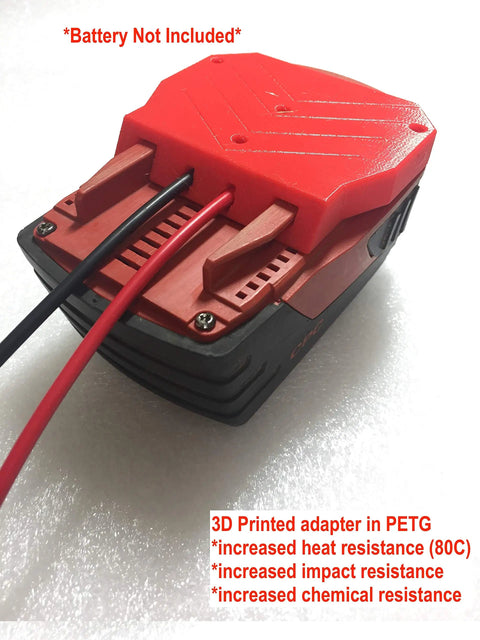 Red 10AWG battery dock adapter for 22V pack, marine-grade wires, 3D printed outdoor resistant construction.